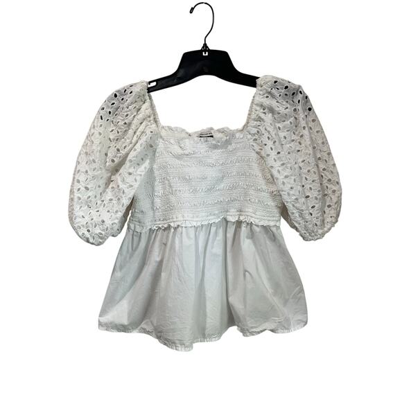 American Eagle Puff Sleeve Babydoll White Eyelet Smocked Blouse Size S - Picture 1 of 6
